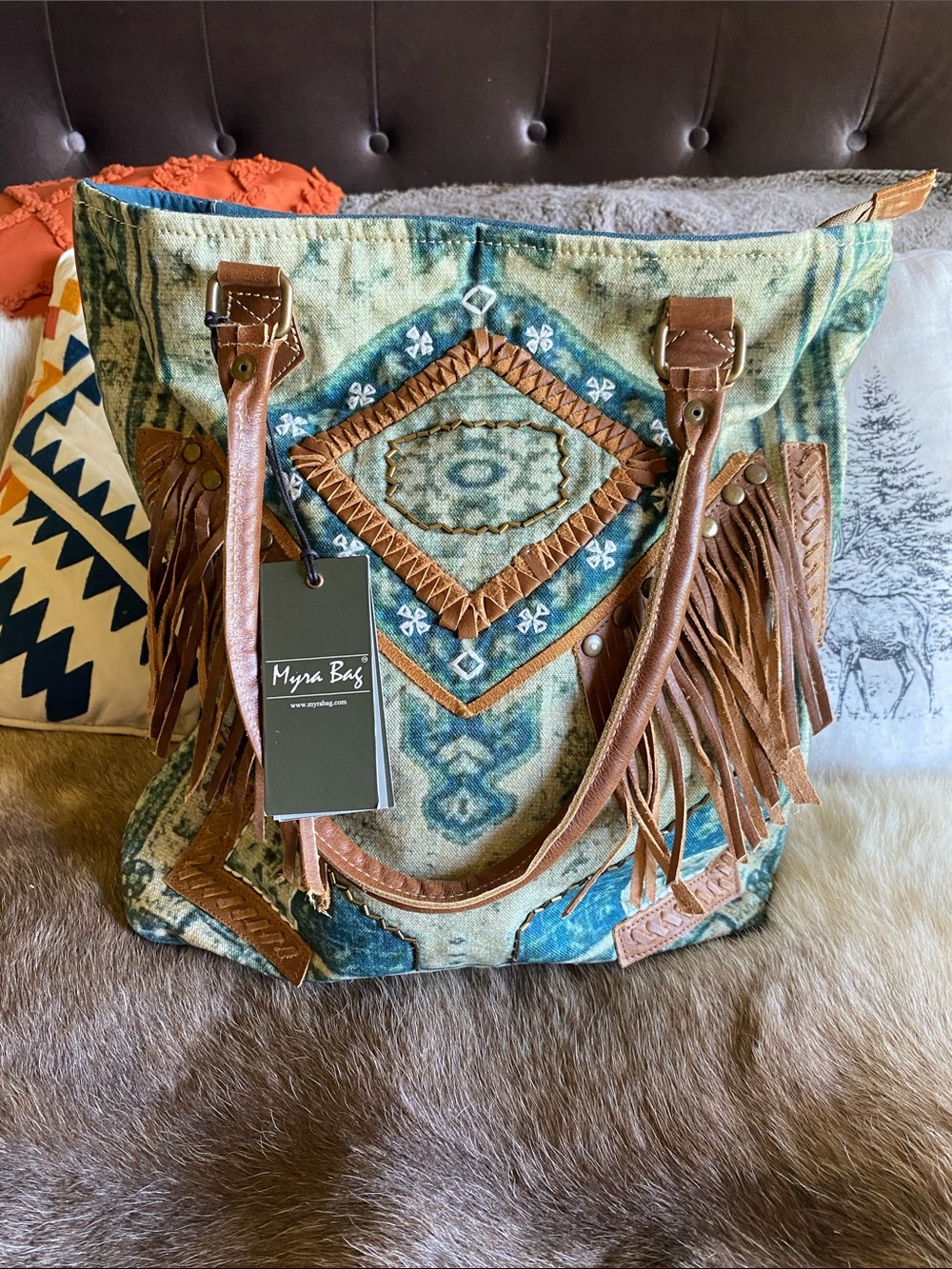 Myra Bag Teal and Brown Fringe Southwestern Tote